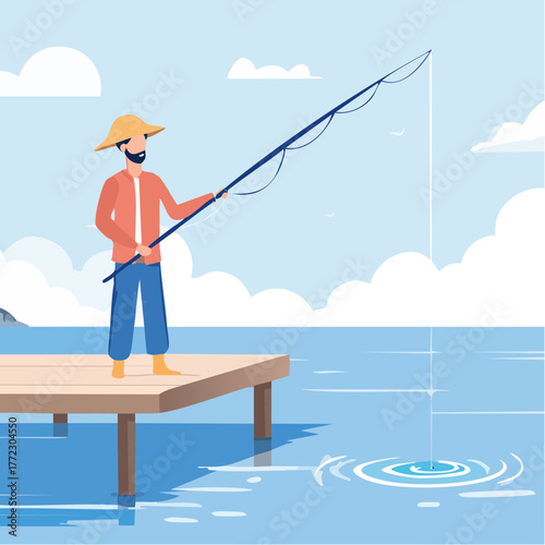 Fisherman Standing on Dock Fishing in the Sea - AI Generated