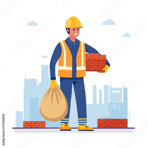 Construction Laborer Holding Brick and Cement Bag at City Site - AI Generated