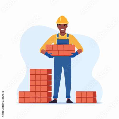 Smiling Construction Worker Carrying Bricks at Worksite - AI Generated