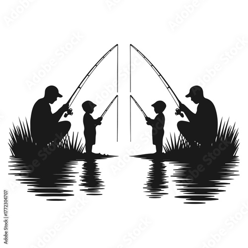 silhouettes of a father and son fishing in the water