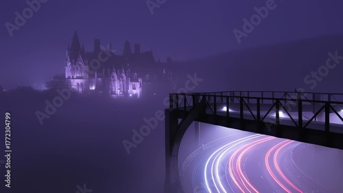 Mystical night cityscape with light trails, bridge, and illuminated gothic architecture nestled in
