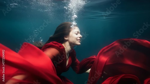 Underwater Serenity: Woman in Flowing Red Dress Drifting Gracefully beneath the Surface