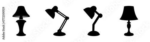 Collection of four black silhouette lamps, including two desk lamps and two table lamps, isolated on white background