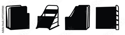 Four black silhouettes of desktop document sorters and organizers on