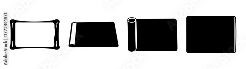 Four different representations of a blank rectangle, including a sketched frame, a solid black rectangle, a rolledup rectangle, and a solid rectangle, all isolated on a white background