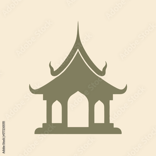 Minimal illustration of a traditional Thai pavilion with mountain landscape in warm tones, representing peace and culture.