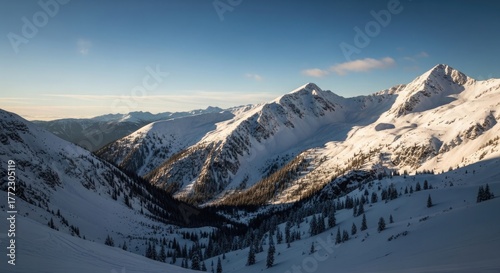 Majestic snow-covered mountain range bathed in golden hour sunlight, showcasing dramatic peaks and deep, shadowed valleys with evergreen trees creating a stunning winter panorama.