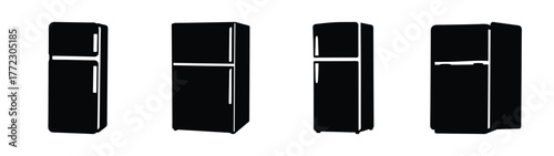 Collection of four black retro refrigerators with silver handles, displayed from different angles on a