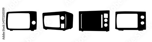 Collection of four black silhouette microwave ovens shown from different angles on a white background, isolated on white background