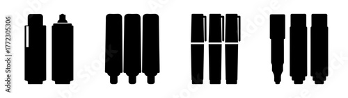 Collection of black marker pen silhouettes on a white background, showcasing different types and arrangements of marker pens
