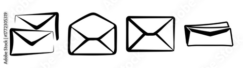 A collection of four handdrawn envelopes, including an open envelope, a closed envelope, and two stacked envelopes, all isolated on a white background