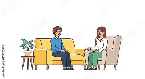 Vector Illustration of Man and Female Therapist Talking During a Counseling or Psychotherapy Session