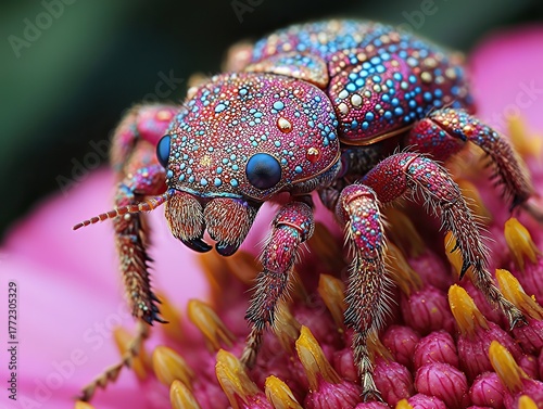 An incredibly detailed, extreme macro close-up of a highly textured, jewel-toned beetle, covered in colorful blue and red spots, resting on a pink cone-shaped flower