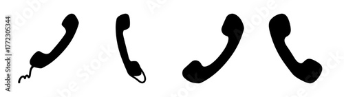 Four black telephone handset icons in a row, isolated on white background