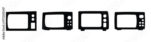 Four black microwave ovens in a row