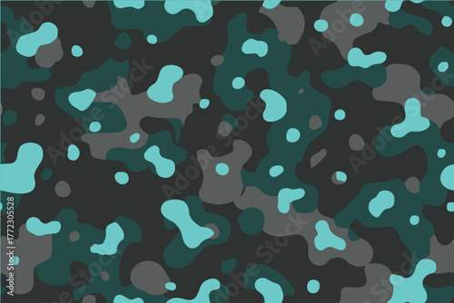 A flat pattern in teal and lime green, featuring camouflage elements with a digital aesthetic.Camouflage seamless pattern. Trendy style camo, repeat print. Vector illustration.