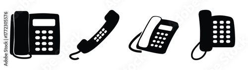 Collection of black icons representing different types of telephones, including desk phones and handset