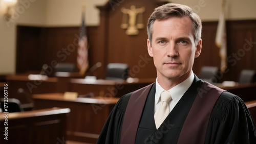 A judge in a judicial robe presents a dignified image in front of the courtroom background, demonstrating the justice and authority in the judicial field.