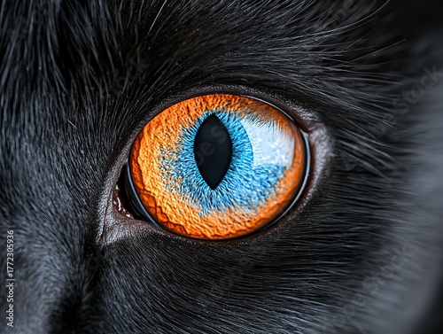 An extreme macro shot reveals a stunning feline eye with a unique orange and blue iris, surrounded by sleek black fur