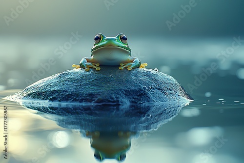 A close-up photograph capturing a bright green tree frog with large eyes, seated squarely atop a small, wet rock in a misty pond, creating a perfectly symmetrical reflection on the calm water surface
