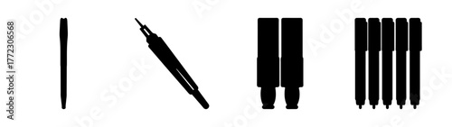 Collection of black pens and markers in various styles and arrangements, isolated on white background