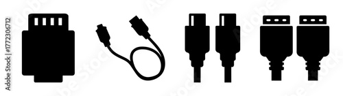 Collection of various electronic cable connectors and plugs, including hdmi, usb, and other types, presented as black silhouettes on a white background