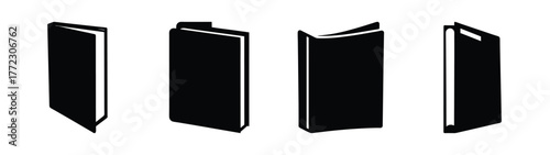 Collection of four black book icons in different perspectives, isolated on a
