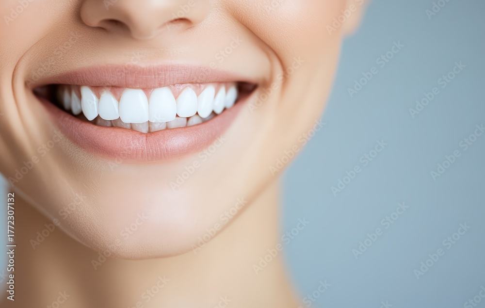 Fototapeta premium Woman smiling, showing clean white teeth, representing dental health, oral hygiene, and successful teeth whitening