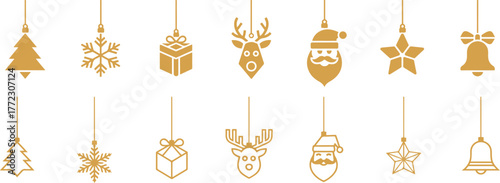 Collection of golden christmas ornaments on white vector