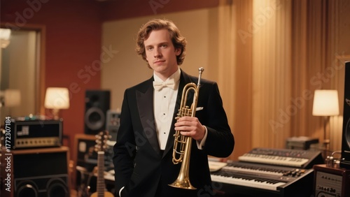 A musician in the recording studio, presenting a professional music creation image, demonstrating the art and passion in the music field.