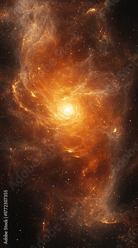 A vibrant, fiery orange and yellow spiral galaxy or cosmic nebula in space