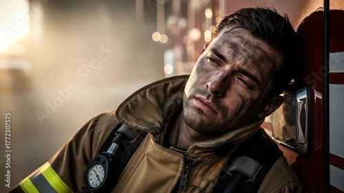 Tired Firefighter Leaning on Truck After a Rescue, Exhausted and Soot-Covered Portrait