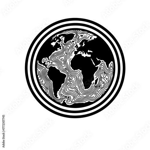Global Hydrographic Mapping icon. Minimalist black and white globe silhouette with the oceans illustrated by wave patterns or contour lines. Symbolizes the worldwide importance of charting the seas