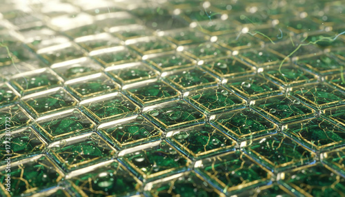 Green nanotechnology circuit board with water droplets and gold traces
