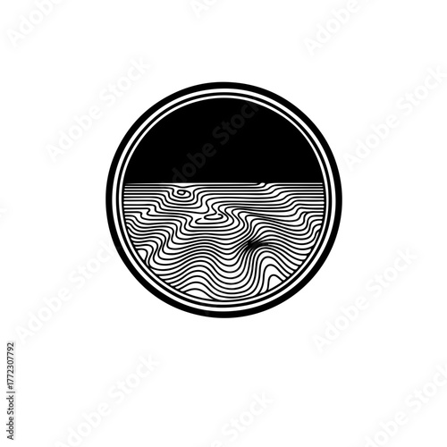 Minimalist Marine Cartography icon. Black and white design showing the ocean surface blending into seabed contour lines. Represents bathymetry, nautical charting, and the vital work celebrated
