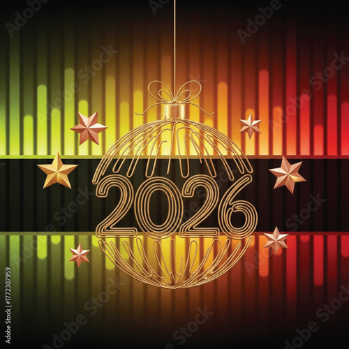 A golden 2026 new year ornament with stars on a vibrant colorful background. Perfect for festive designs, holiday greetings, and celebratory artwork.