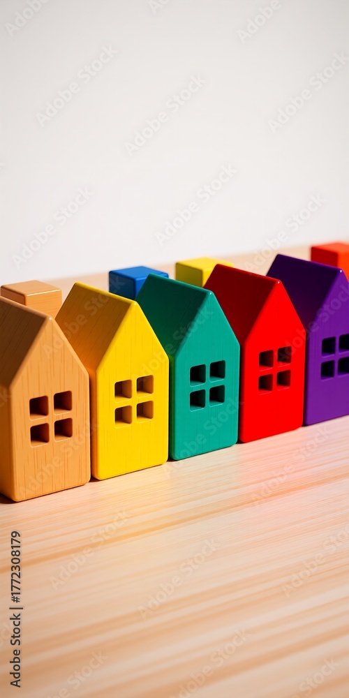 Fototapeta premium A row of colorful, toy-like houses in rainbow hues (orange, yellow, green, red, purple) neatly arranged on a wooden surface, evoking creativity and childhood playfulness.