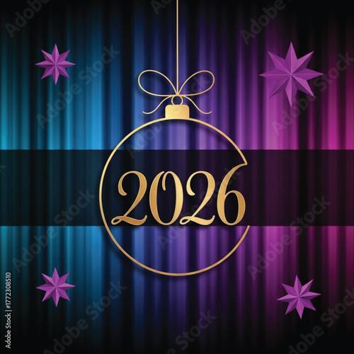 Celebrate the upcoming year with this festive design. A golden ornament hangs against a vibrant backdrop, perfect for new year's cards and invitations.