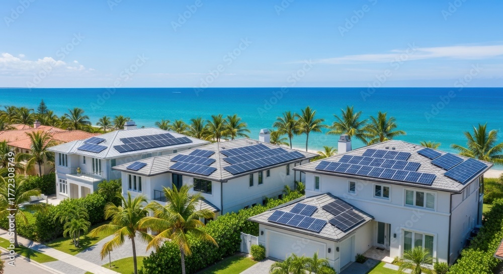 Fototapeta premium Luxury modern beachfront houses with solar panels on the roof, overlooking the turquoise ocean and palm trees