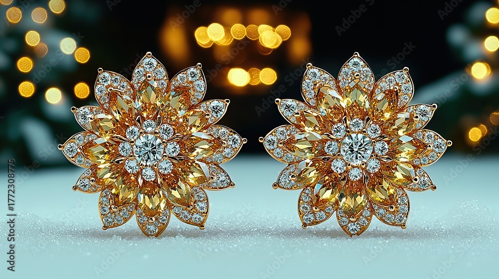 Fototapeta premium Sparkling Jewel Cluster: A pair of ornate, circular pieces of jewelry or decorative flower motifs shimmering with clear and golden gems
