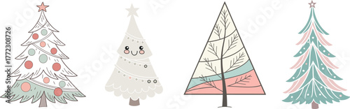 Set of cute pastel Christmas trees minimalist holiday vector.