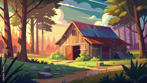Vector of an abandoned wooden barn near forest edge, sunlight filtering through trees, quiet nostalgic countryside atmosphere, detailed textures