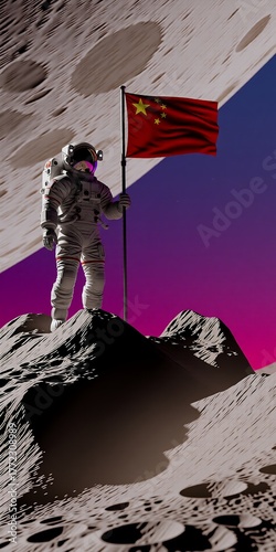 An astronaut stands on the moon, holding a waving Chinese flag against a surreal purple sky, with cratered lunar terrain stretching beneath them.