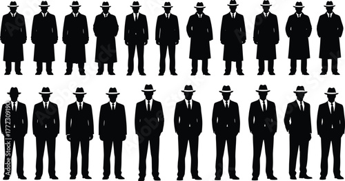 Silhouette men in suits and hats standing in row, stylish businesspeople fashion concept, mysterious figures, cad drawing flat vector illustration