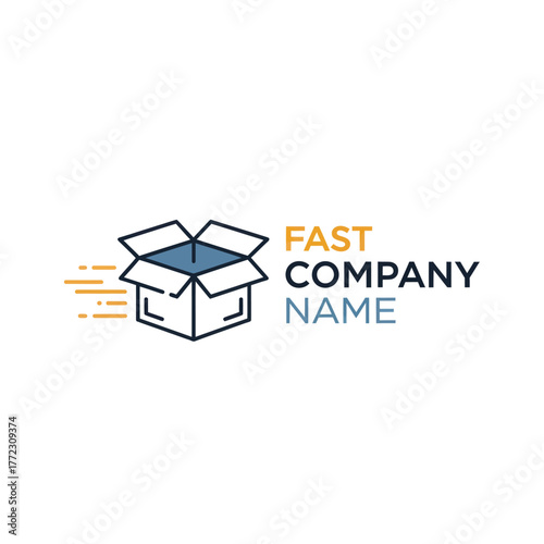 Fast delivery company logo with a speeding open cardboard box.