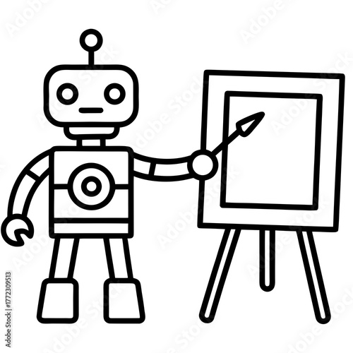 Friendly cartoon robot pointing at a blank presentation board silhouette isolated on white background
