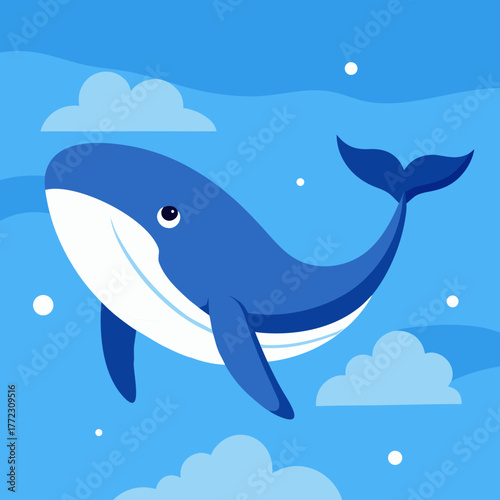 A happy blue whale swimming through the sky with clouds and dots silhouette isolated on white background