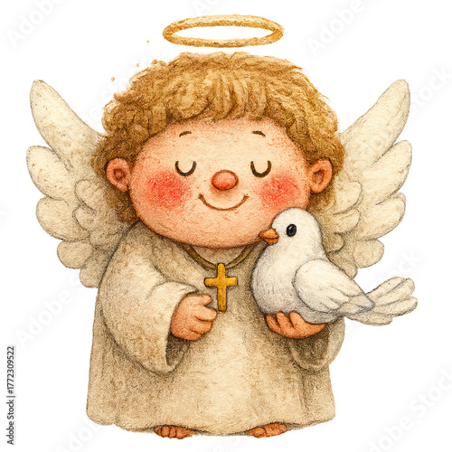 angel holding dove, gold cross, halo clip art preview