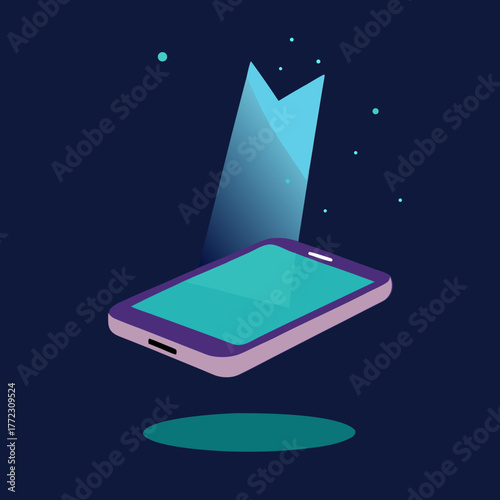 Modern smartphone with a vibrant screen and abstract light beam silhouette isolated on white background