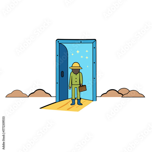 Cartoon man in uniform holding briefcase standing at a bright open doorway silhouette isolated on white background